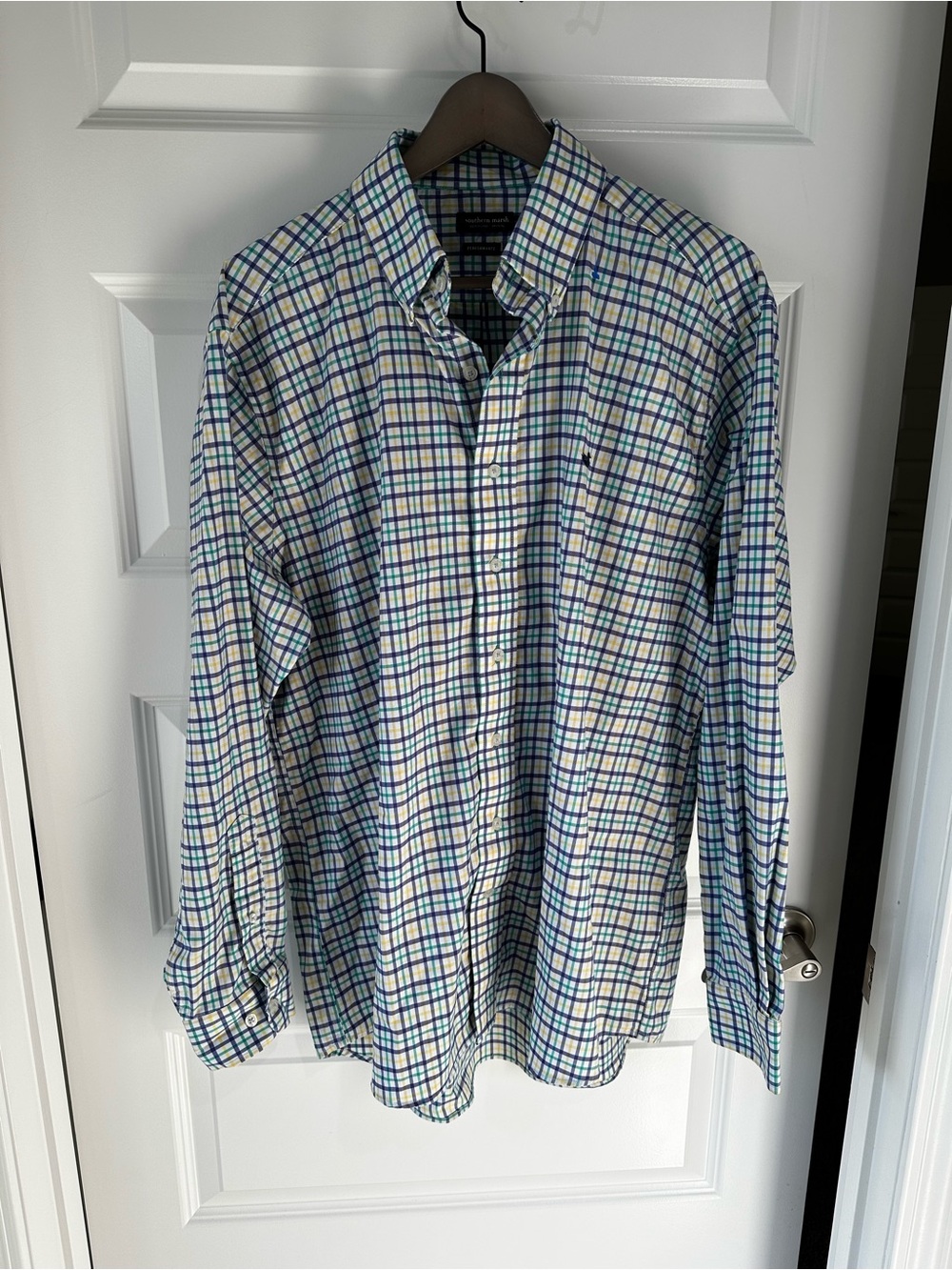 Southern Marsh Plaid Button-Down Shirt in Blue and Green, Size Large